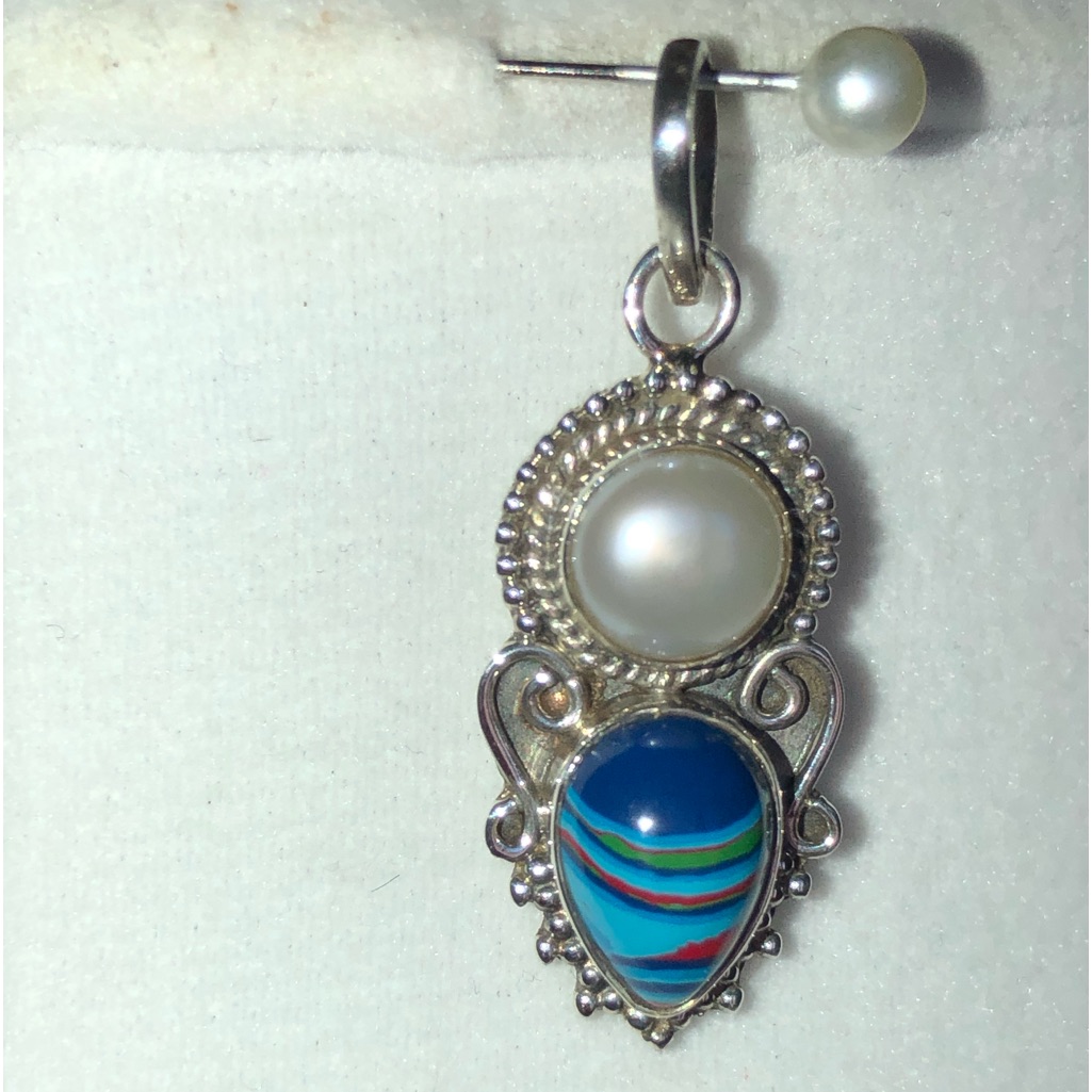 Artisan Crafted Rainbow Calsilica & Freshwater Pearl Pendant Or Charm